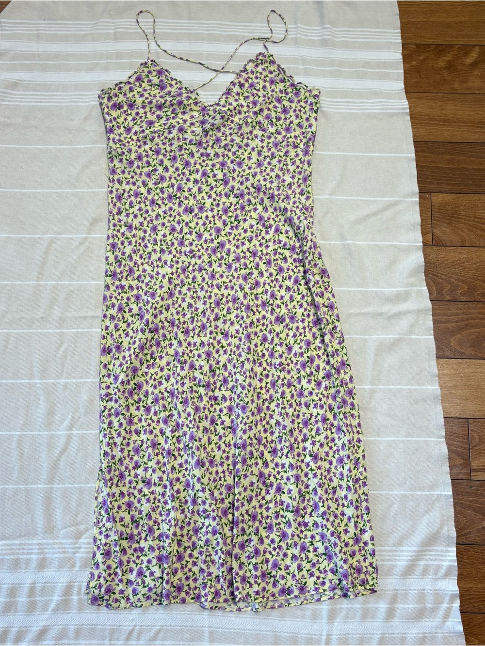 Zara Yellow Slip Midi Dress with Purple Floral Print